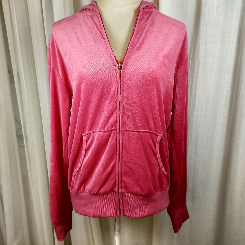 Hot Pink Velour Zip‎ Up Track Jacket Hoodie Womens Size L Mean Girls